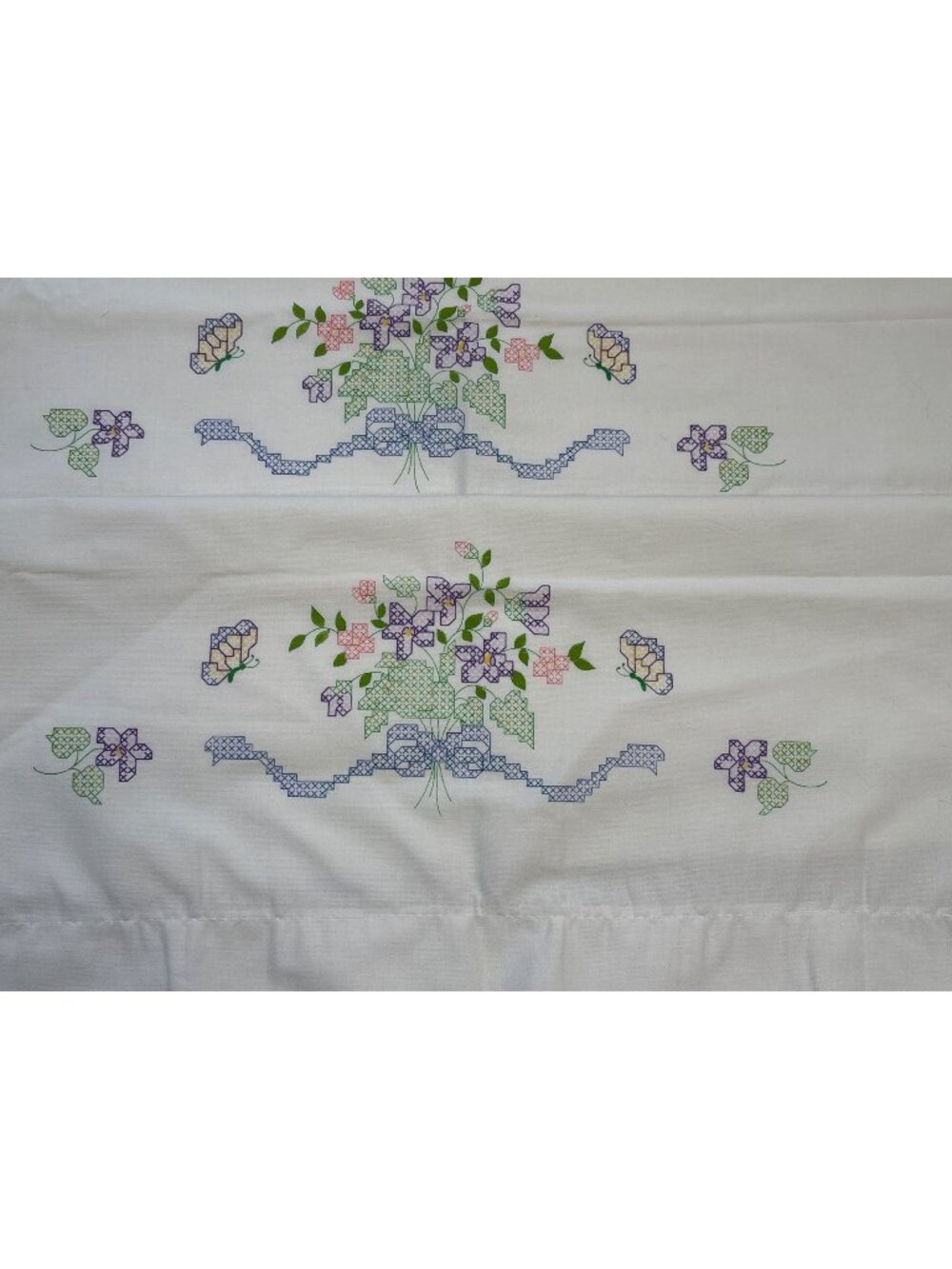 Stamped Cross Stitch Pillowcase Set White Floral Embroidery Design Cotton